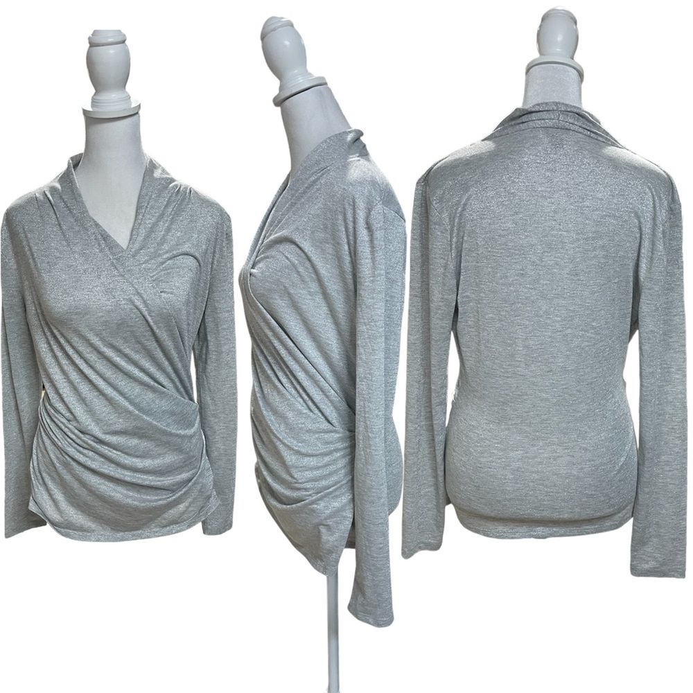 Ann Taylor Shimery Silver & Gray Long Sleeve Ruched Sides Wrap Knit Top Size M